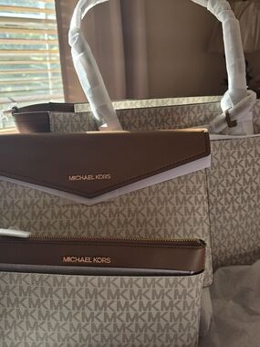 Michael Kors Beige and Brown Logo Tote with White Trim